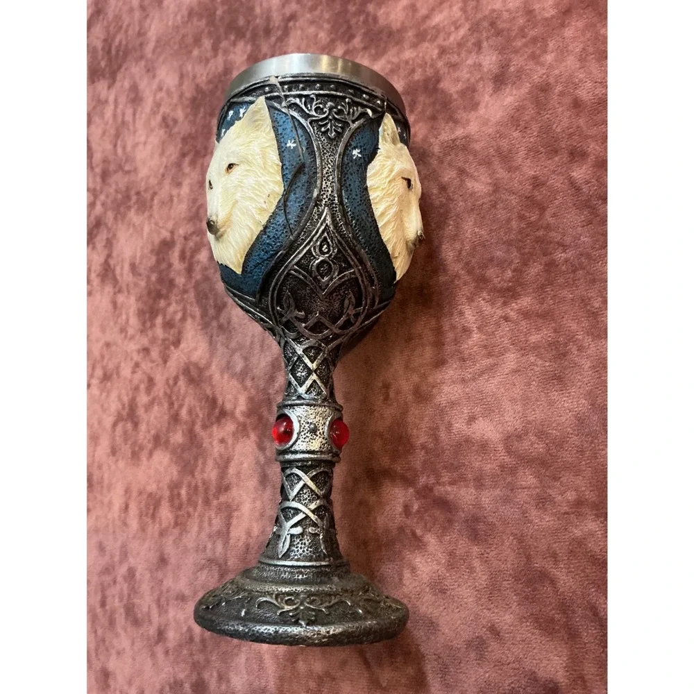 White Wolf Head Celtic Knot Chalice Stainless Steel Liner Fantasy Gothic Decor